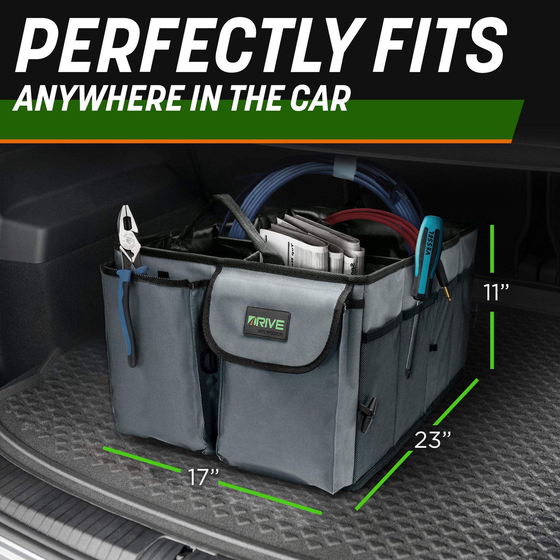 Drive Auto Car Trunk Organizer - Collapsible, Multi-Compartment Automotive SUV Car Organizer for Storage w/Adjustable Straps