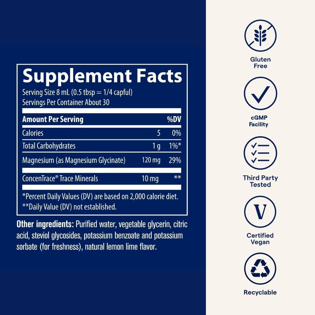Trace Minerals Magnesium Glycinate - Liquid Magnesium Glycinate for Bone, Nerve & Digestive Health - Supports Sleep Quality, Clarity & Focus - Gentle - Lemon Lime Flavor - 8 fl oz (30 Servings)