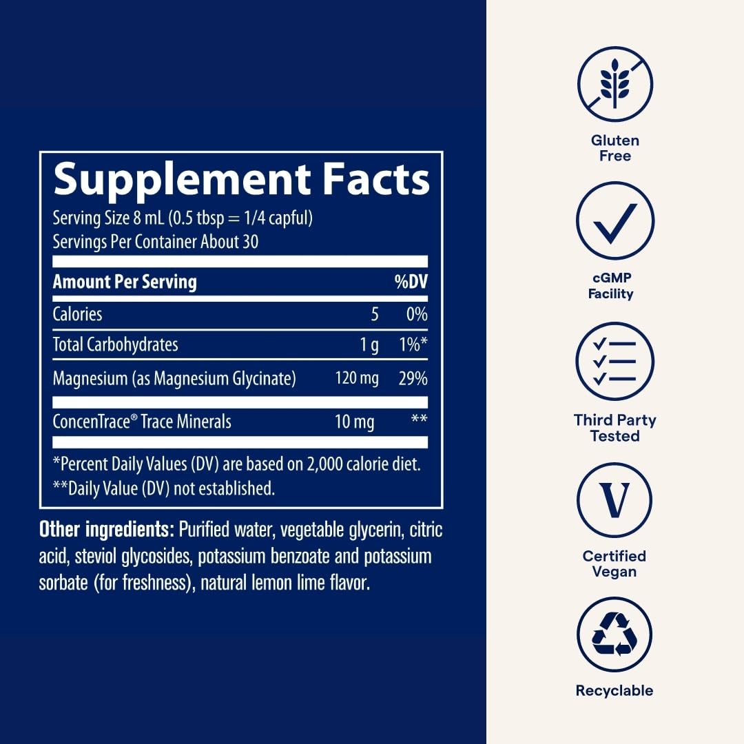 Trace Minerals Magnesium Glycinate - Liquid Magnesium Glycinate for Bone, Nerve & Digestive Health - Supports Sleep Quality, Clarity & Focus - Gentle - Lemon Lime Flavor - 8 fl oz (30 Servings)