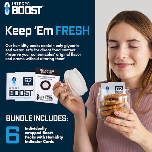 Integra Boost - 62% RH Level - 4 Gram Size - Two-Way Humidity Control Pack - Incl. Replacement Indicator Cards - Food Storage & Herbs Moisture Balancer for Up to 1/2 oz