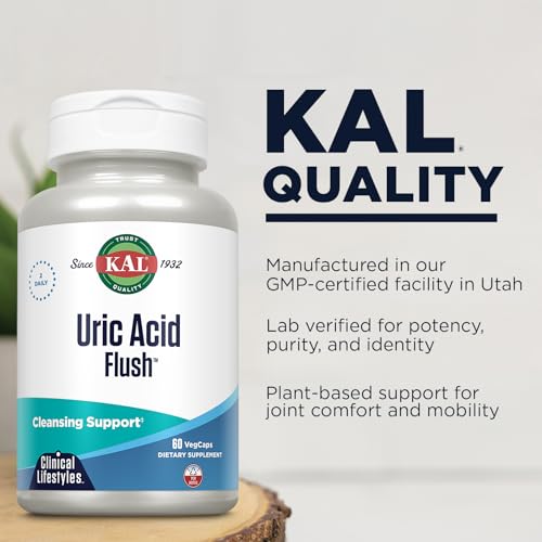 KAL Uric Acid Flush, Joint Health Supplement with Tart Cherry Extract, Celery Seed and Turmeric Extract, Joint Comfort and Mobility Support, Lab Verified, 60-Day Guarantee, 30 Servings, 60 VegCaps